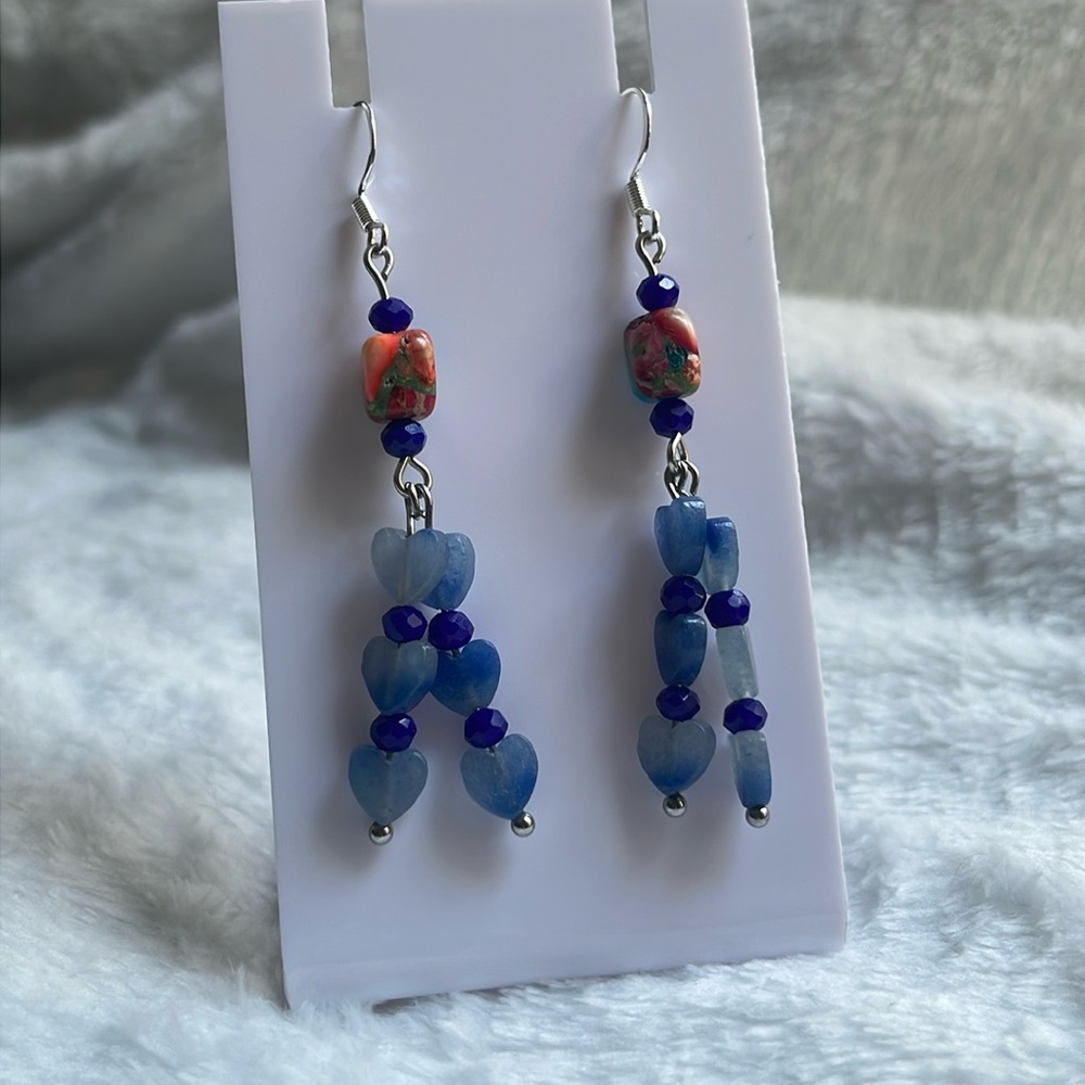 Natural stone blue heart earrings with 925 silver hooks